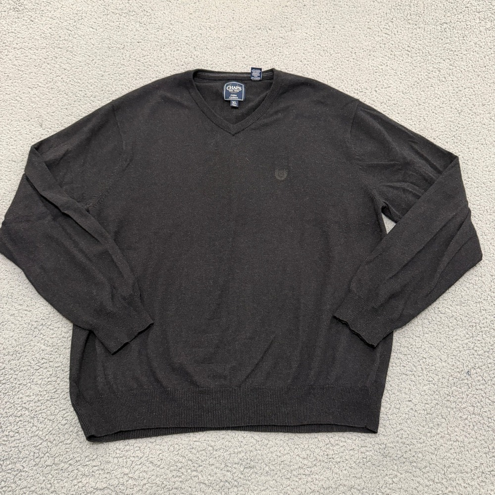 Chaps Sweater Mens XL Black Cotton Cashmere Blend V-Neck Long Sleeve Logo